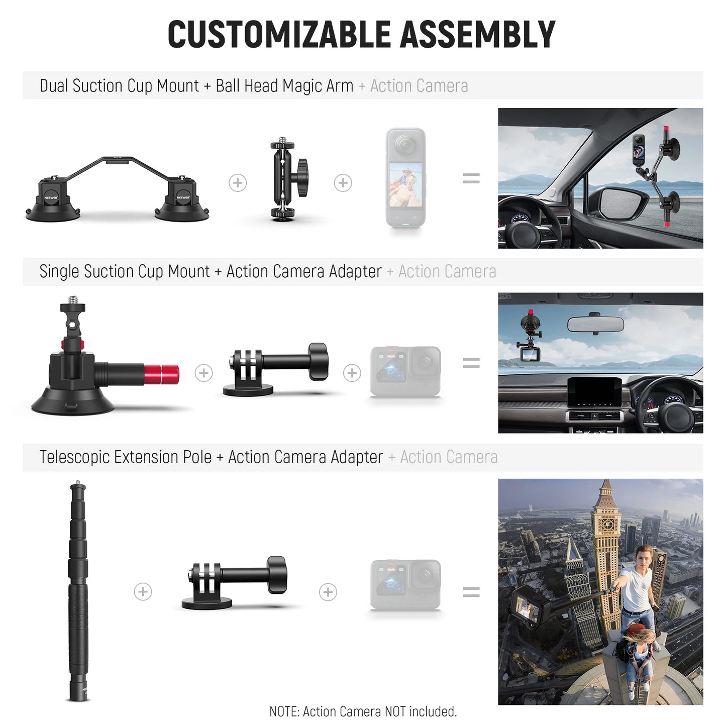 Kit de montage de voiture à Triple ventouse Neewer , support de caméra à bras magique pour pare-brise extérieur à dégagement rapide avec adaptateur de caméra d'action GoPro