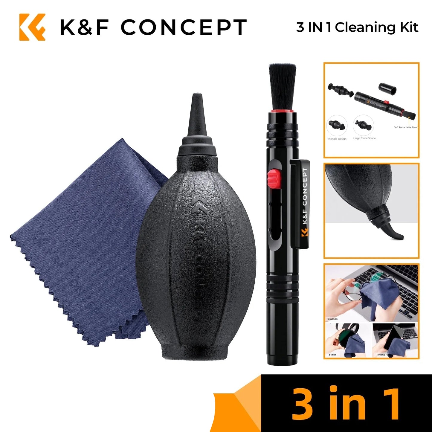 Kit de nettoyage d'objectif d'appareil photo K&F CONCEPT avec souffleur, lingettes, chiffon, liquide de nettoyage et stylo de nettoyage
