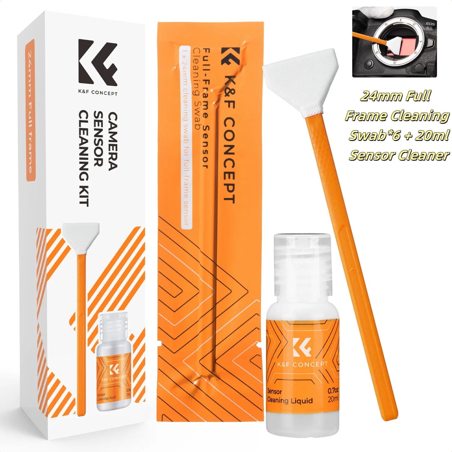 Kit de nettoyage K&F CONCEPT – tampon écouvillon de nettoyage pour capteur plein format 24mm/16mm APS-C *6 et kit de nettoyage liquide pour capteur 20ml