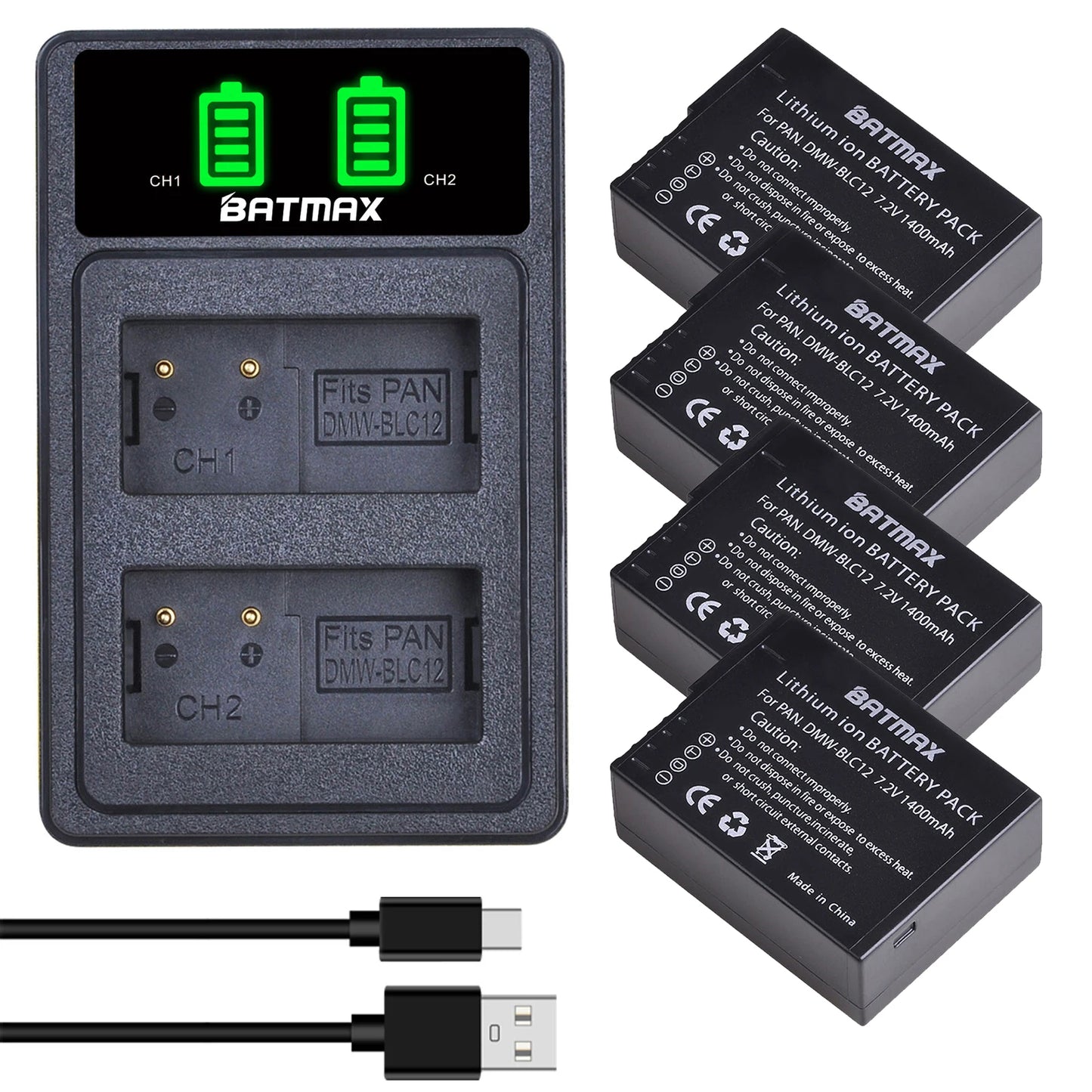 Batterie Batmax 1400mAh DMW-BLC12 BLC12 + Chargeur pour Panasonic Lumix DMC-G7, DMC-G85, DMC-G95, DMC-FZ1000, DC-FZ1000 II