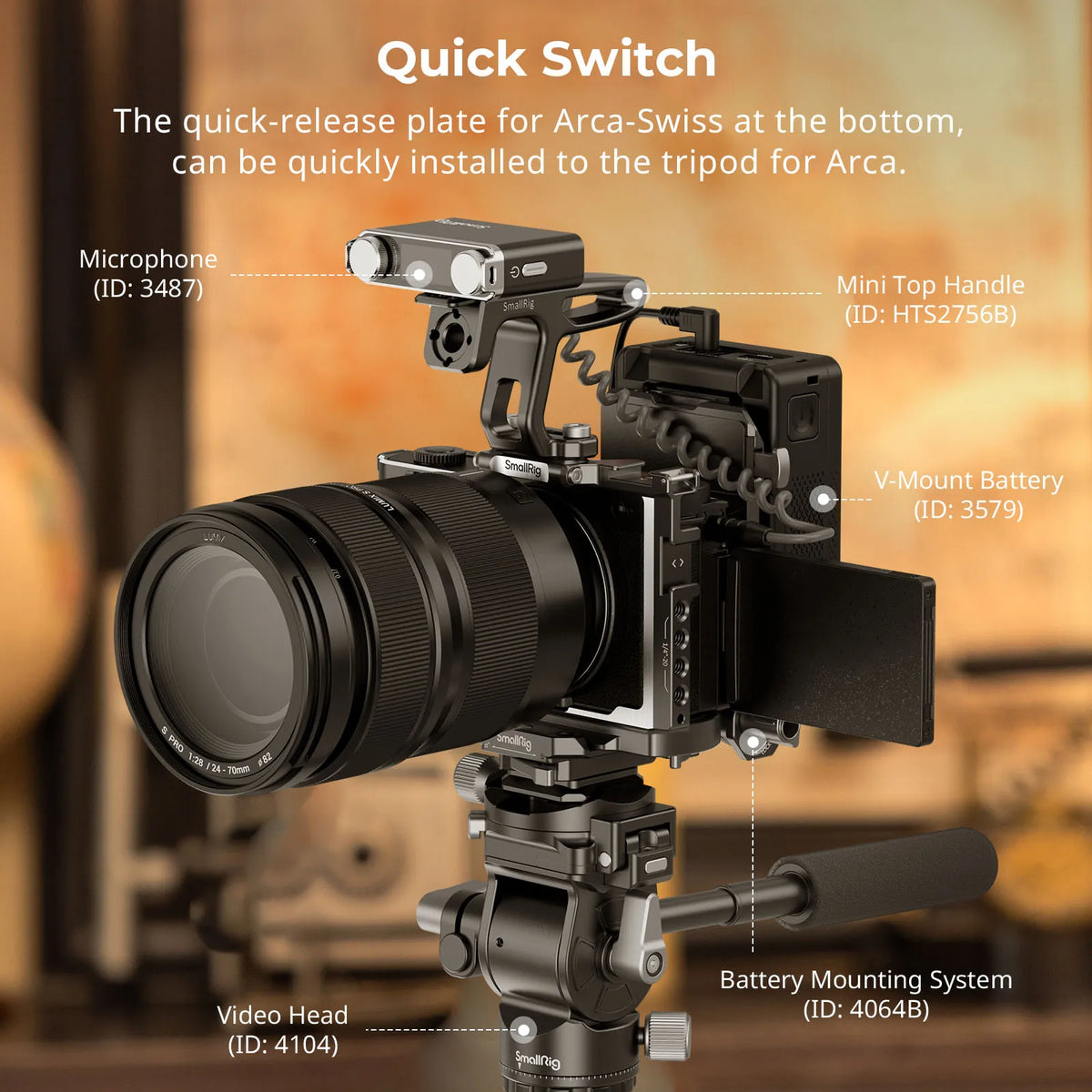 Cage SmallRig 4515 pour Panasonic LUMIX S9, avec poignée en bois et plaque à dégagement rapide Arca-swiss pour trépied de type Arca