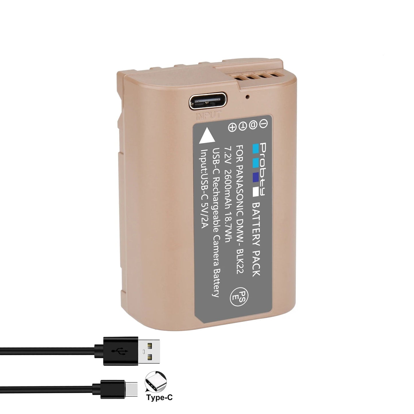Batterie Probty DMW-BLK22 DMW BLK22, 2600mAh, avec charge USB-C, pour appareils photo Panasonic LUMIX DC-S5 DC-S5 II DC-S5 IIX GH5 II GH6 GH5M2