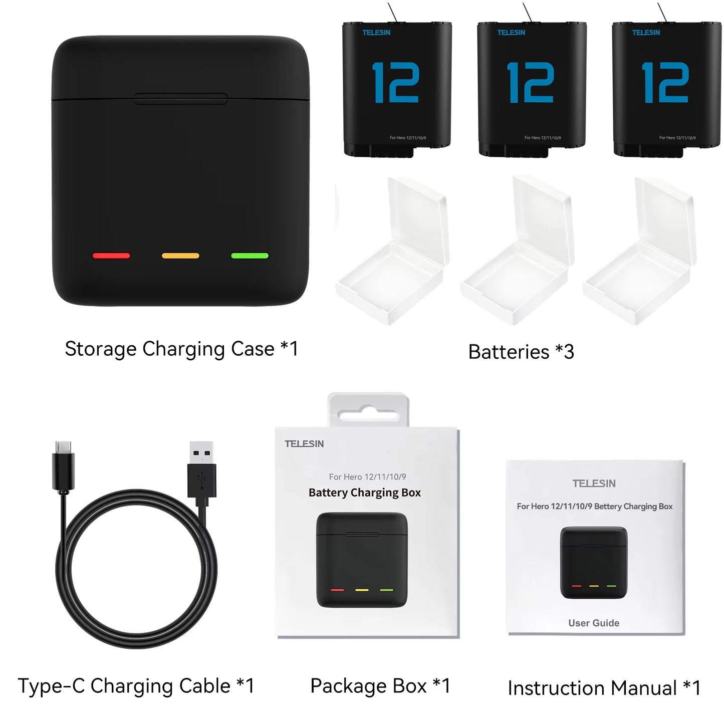 Batterie TELESIN pour GoPro Hero 12, 11, 10, 9, 1750 mAh + Chargeur Rapide à 3 Voies