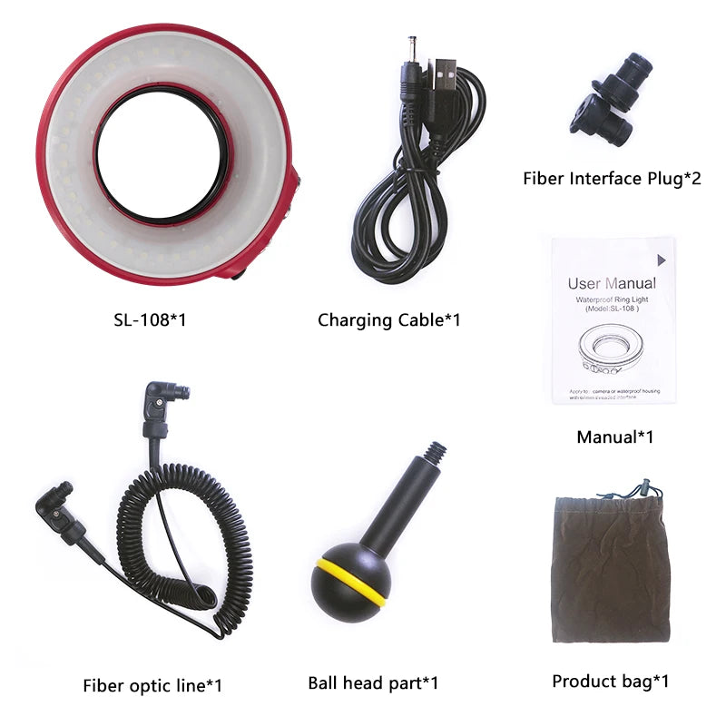 Lampe de poche sous-marine SL-108 Seafrogs avec anneau lumineux fileté de 67mm 1200LM avec lampe Macro de Charge USB pour Sony Olympus TG5/TG4/TG6...