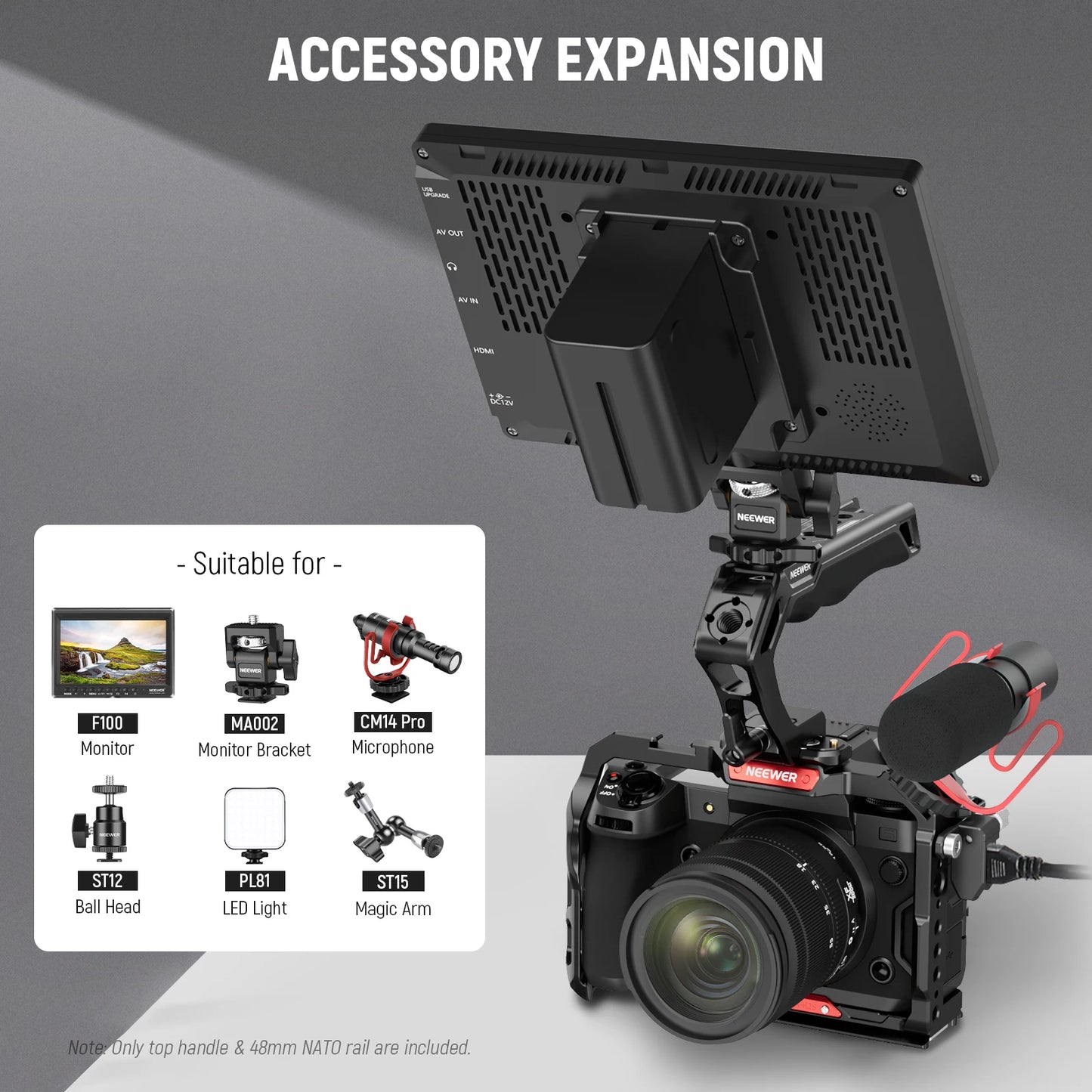 Poignée supérieure et rail de transmission en silicone confortable avec dégagement rapide pour appareil photo