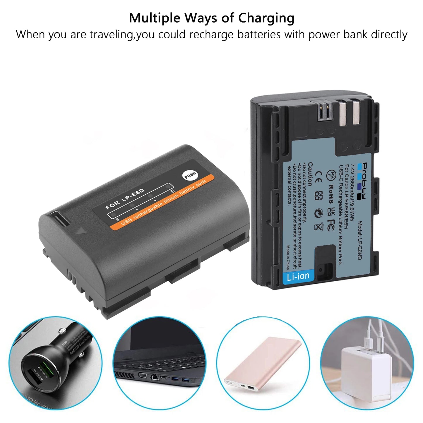 Batterie 2650mAh LP-E6 LP E6 LPE6 LP E6N Probty type-c pour appareils photo Canon 5D Mark II III 7D 60D EOS 6D 70D 80D EOS 5DS R