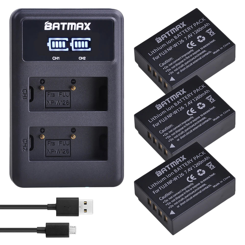 Batterie Batmax 1260mAh NP-W126 NP W126 NP-W126S W126S + chargeur double pour Fuji X-Pro1 XPro1 X-T1 XT1,HS30EXR HS33EXR X PRO1