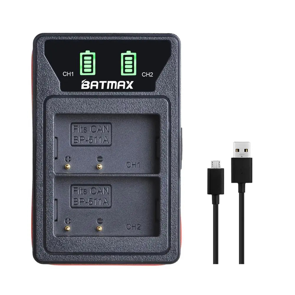 Batterie Batmax BP-511A BP-511 BP 511 511A BP511 BP511A avec double chargeur USB LED pour Canon EOS 40D 300D 5D 20D 30D 50D 10D D60 G6