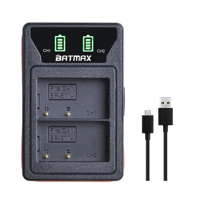 Batterie Batmax BP-511A BP-511 BP 511 511A BP511 BP511A avec double chargeur USB LED pour Canon EOS 40D 300D 5D 20D 30D 50D 10D D60 G6