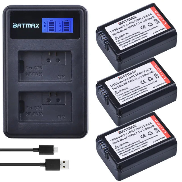 Batterie Batmax 2000mAh NP-FW50 NPFW50 + chargeur LCD double USB pour Sony NEX-7 NEX-5R NEX-F3 NEX-3D Alpha a5000 a6000 a7ii a7rii...