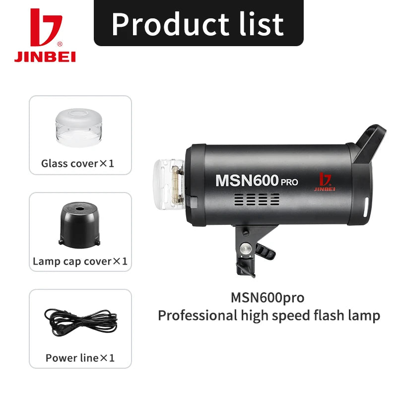 Flash Stroboscopique JINBEI MSN600pro professionnel de studio 600 W 1/8000 s haute vitesse Monture Bowens Système sans fil 2,4 G + Ampoule LED de modélisation 30 W
