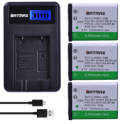 Batterie Batmax Li-40B NP-45 1200mAh + Chargeur pour Olympus Li 40B Li-42B pour FUJIFILM NP-45 NP-45S NP-45A 45B EN-EL10