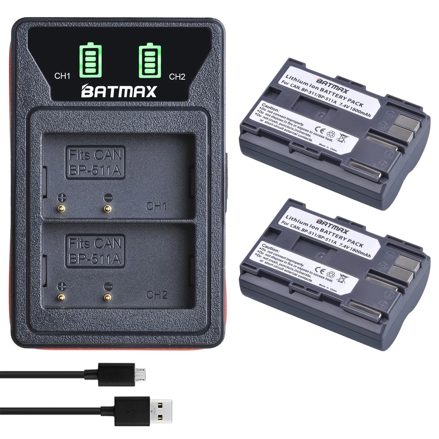 Batterie Batmax BP-511A BP-511 BP 511 511A BP511 BP511A avec double chargeur USB LED pour Canon EOS 40D 300D 5D 20D 30D 50D 10D D60 G6