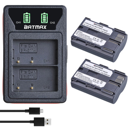 Batterie Batmax BP-511A BP-511 BP 511 511A BP511 BP511A avec double chargeur USB LED pour Canon EOS 40D 300D 5D 20D 30D 50D 10D D60 G6