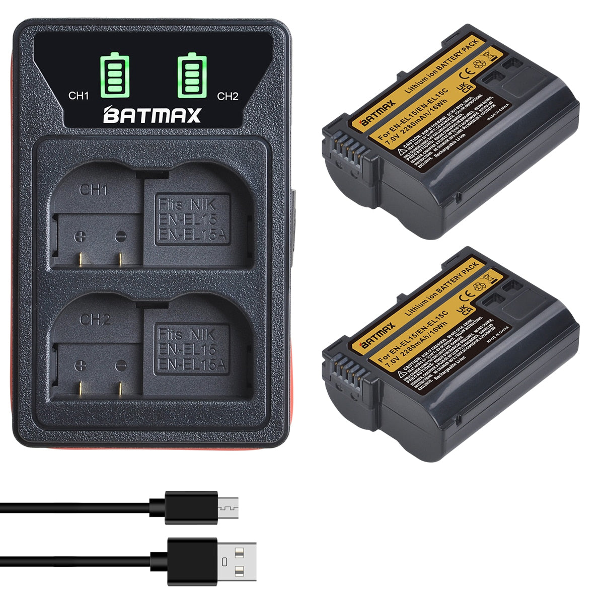 Batterie Batmax 2280mAh EN-EL15C+ chargeur double LED USB pour Nikon Z5,Z6,Z6 II,Z7,Z7II D600 D610 D600E D800 D810 D800E D850