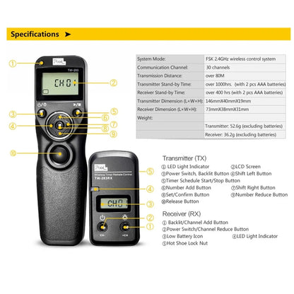Télécommande sans fil Pixel TW-283 minuterie déclencheur (DC0 DC2 N3 E3 S1 S2) câble pour Canon Nikon Sony Panasonic