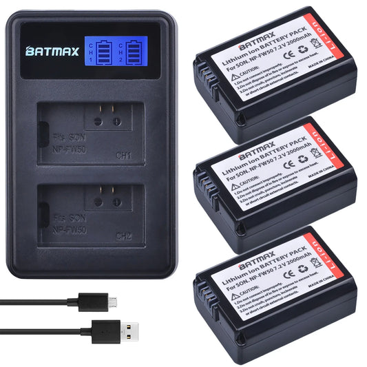 Batterie Batmax 2000mAh NP-FW50 NPFW50 + chargeur LCD double USB pour Sony NEX-7 NEX-5R NEX-F3 NEX-3D Alpha a5000 a6000 a7ii a7rii...