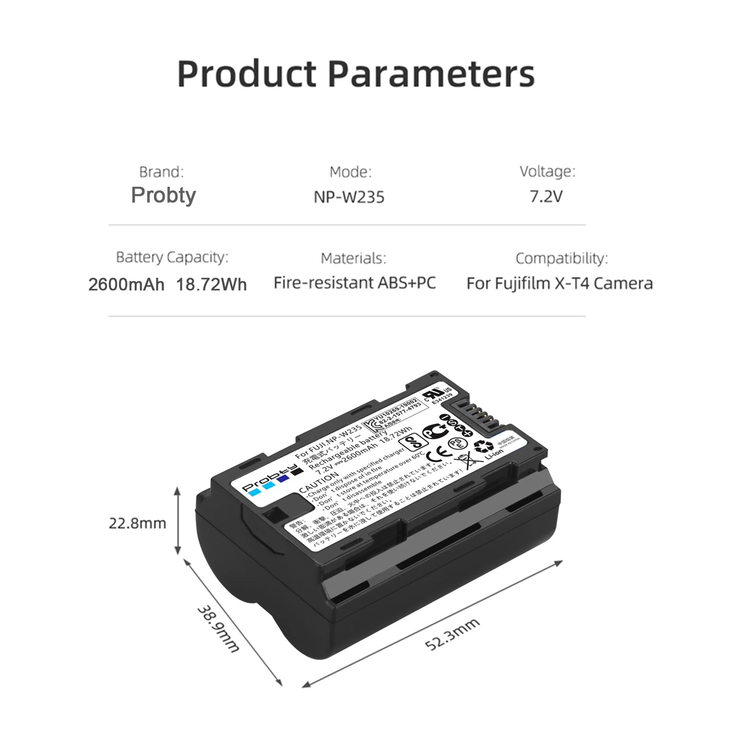 Batterie Probty 2600mAh NP-W235 NP W235 + chargeur double pour Fujifilm X-T5 X-T4 GFX 100S X-H2S GFX 50S II VG-XT4 Grip