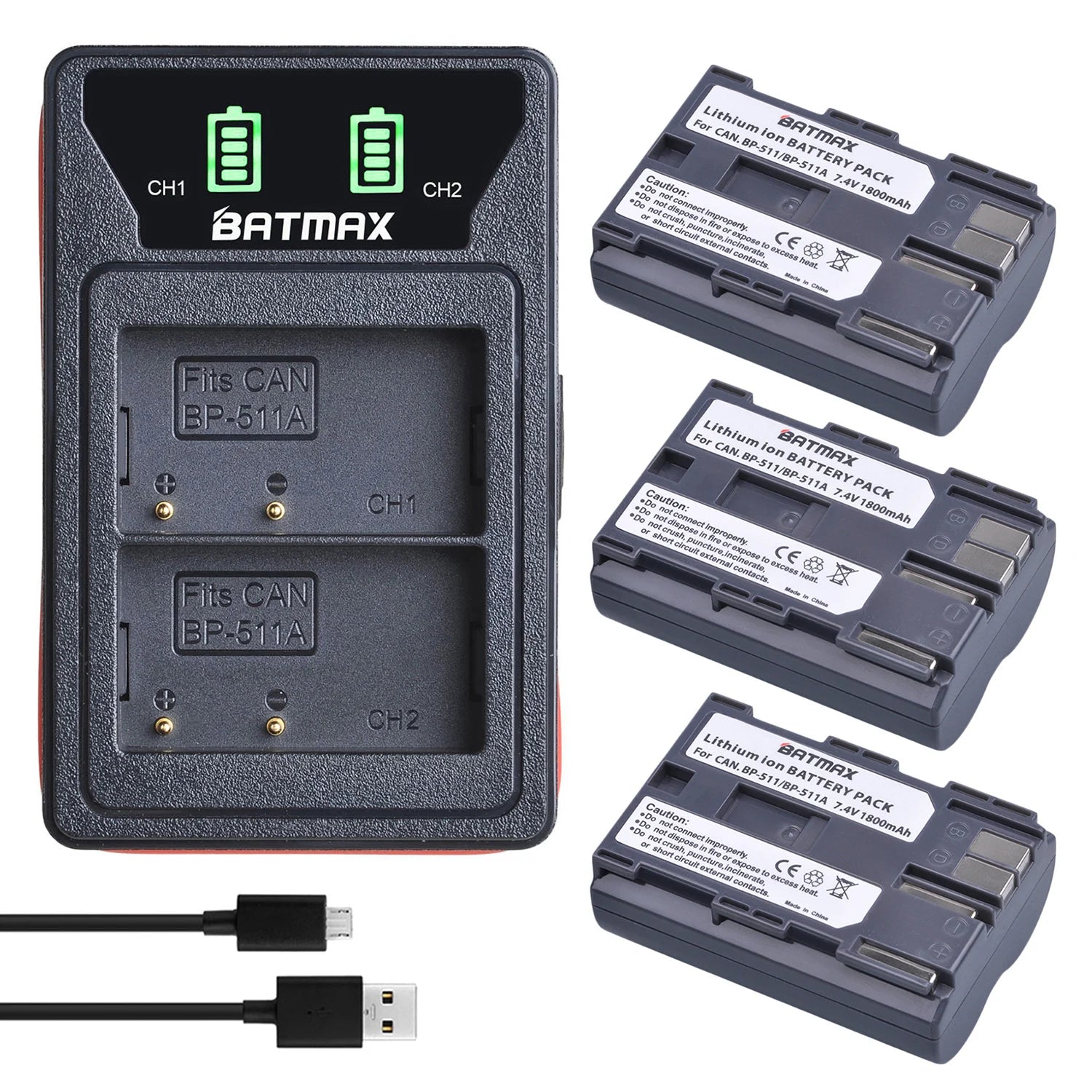 Batterie Batmax BP-511A BP-511 BP 511 511A BP511 BP511A avec double chargeur USB LED pour Canon EOS 40D 300D 5D 20D 30D 50D 10D D60 G6