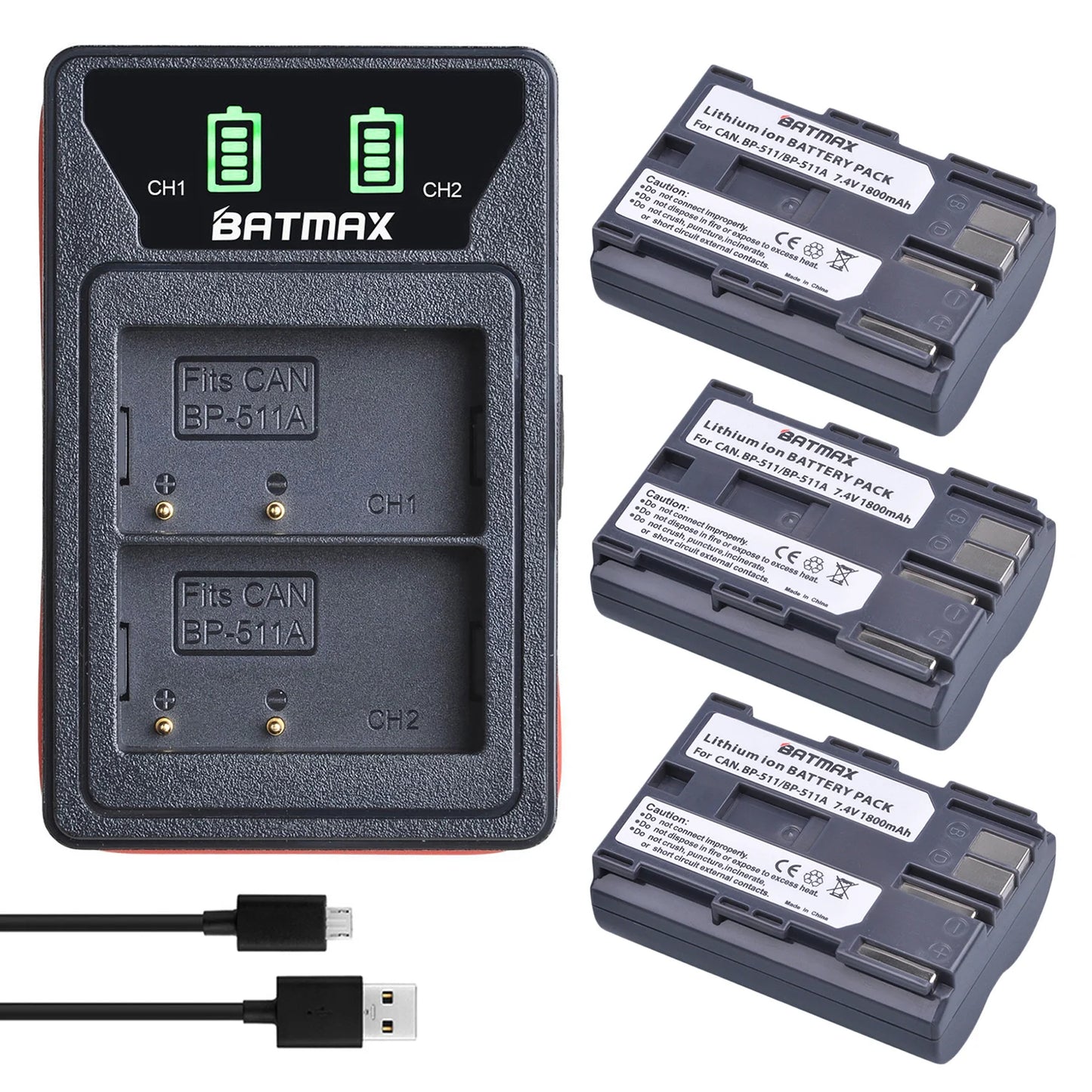 Batterie Batmax BP-511A BP-511 BP 511 511A BP511 BP511A avec double chargeur USB LED pour Canon EOS 40D 300D 5D 20D 30D 50D 10D D60 G6