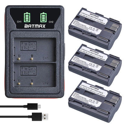 Batterie Batmax BP-511A BP-511 BP 511 511A BP511 BP511A avec double chargeur USB LED pour Canon EOS 40D 300D 5D 20D 30D 50D 10D D60 G6