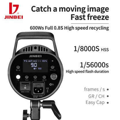 Flash Stroboscopique JINBEI MSN600pro professionnel de studio 600 W 1/8000 s haute vitesse Monture Bowens Système sans fil 2,4 G + Ampoule LED de modélisation 30 W