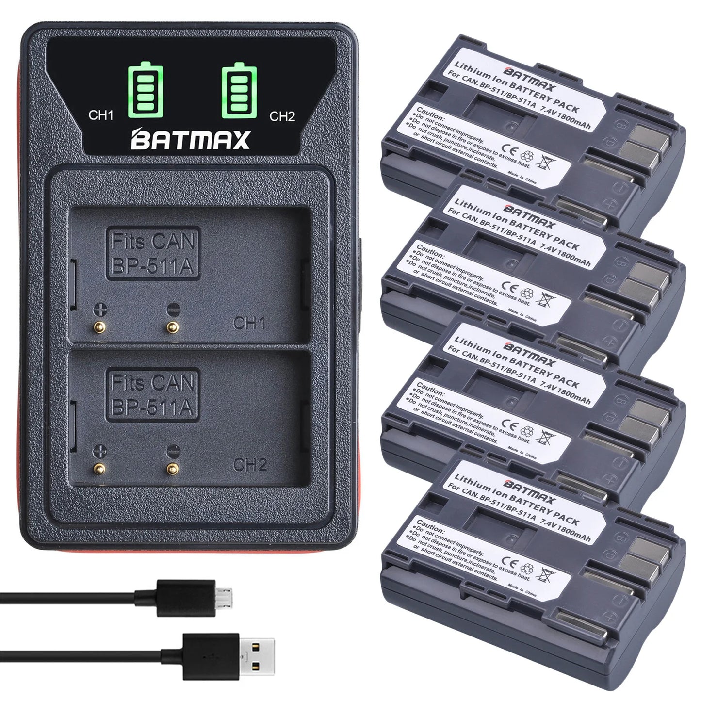 Batterie Batmax BP-511A BP-511 BP 511 511A BP511 BP511A avec double chargeur USB LED pour Canon EOS 40D 300D 5D 20D 30D 50D 10D D60 G6