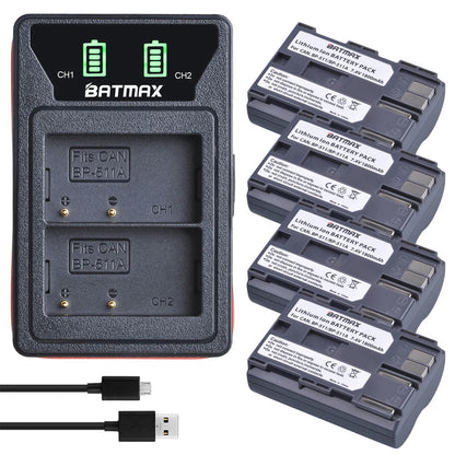 Batterie Batmax BP-511A BP-511 BP 511 511A BP511 BP511A avec double chargeur USB LED pour Canon EOS 40D 300D 5D 20D 30D 50D 10D D60 G6