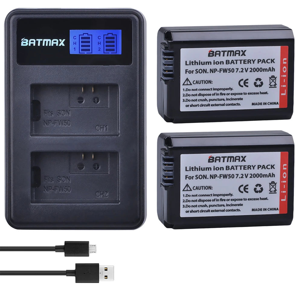 Batterie Batmax 2000mAh NP-FW50 NPFW50 + chargeur LCD double USB pour Sony NEX-7 NEX-5R NEX-F3 NEX-3D Alpha a5000 a6000 a7ii a7rii...