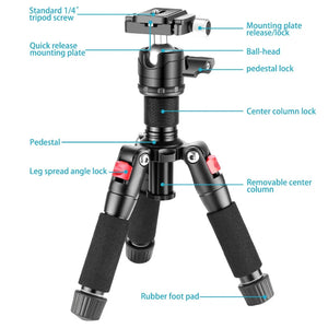 Trípode de càmera mini NEEWER TP-AAM521 de 50 cm amb capçal esfèric d'aliatge d'alumini de 360° i placa de fixació ràpida tipus Arca de 1/4"