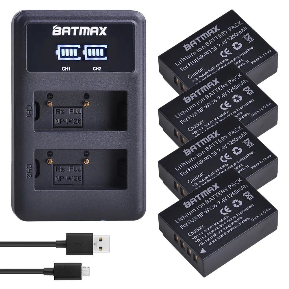 Batterie Batmax NP-W126S haute qualité 1260mAh + chargeur double LED pour Fuji X-Pro1 X-T1, HS30EXR HS33EXR ...