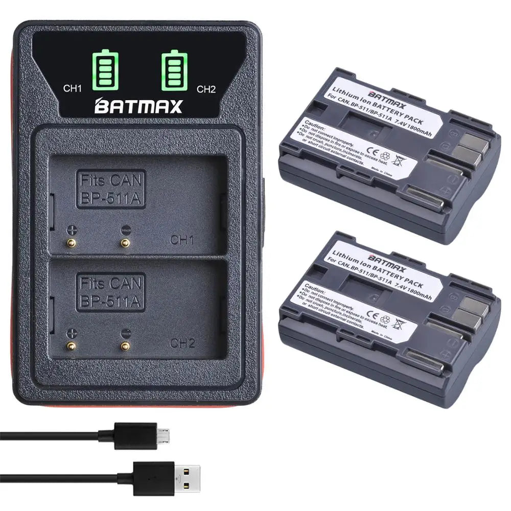 Batterie Batmax BP-511A BP-511 BP 511 511A BP511 BP511A avec double chargeur USB LED pour Canon EOS 40D 300D 5D 20D 30D 50D 10D D60 G6