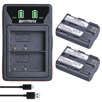 Batterie Batmax BP-511A BP-511 BP 511 511A BP511 BP511A avec double chargeur USB LED pour Canon EOS 40D 300D 5D 20D 30D 50D 10D D60 G6