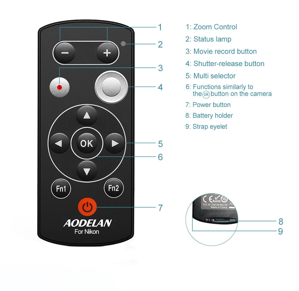 Télécommande Aodelan ML-L7A sans fil Bluetooth pour Nikon Z30 Z6II Z7II A1000 B600 P1000 P950 Z50