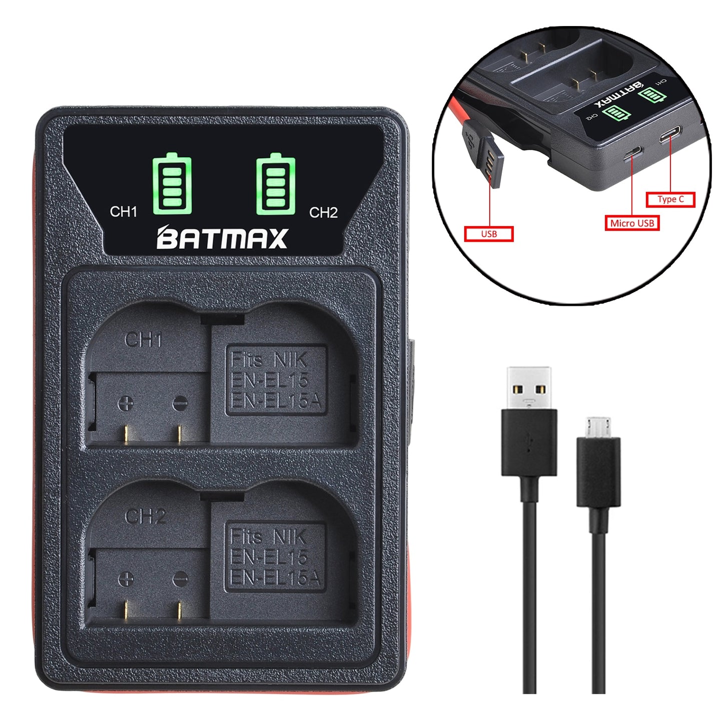 Batterie Batmax 2280mAh EN-EL15C+ chargeur double LED USB pour Nikon Z5,Z6,Z6 II,Z7,Z7II D600 D610 D600E D800 D810 D800E D850