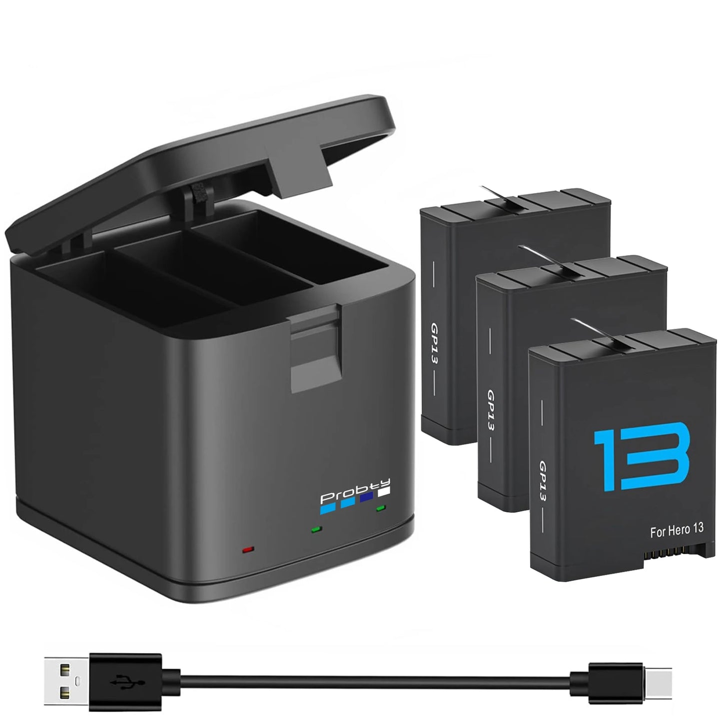 Batterie probty 2280 mAh pour batterie GoPro Hero 13 + chargeur 3 emplacements