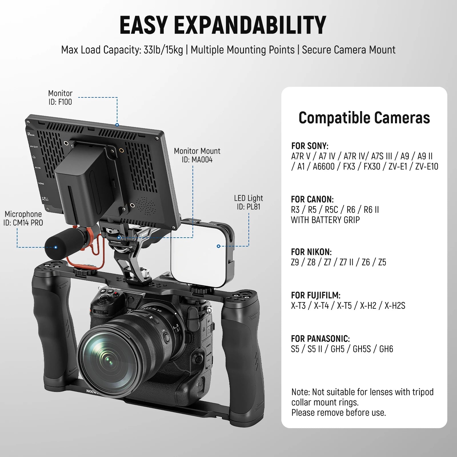 Cage universelle + poignée Neewer ARRI 3/8 ", plate-forme vidéo, base de type Arca