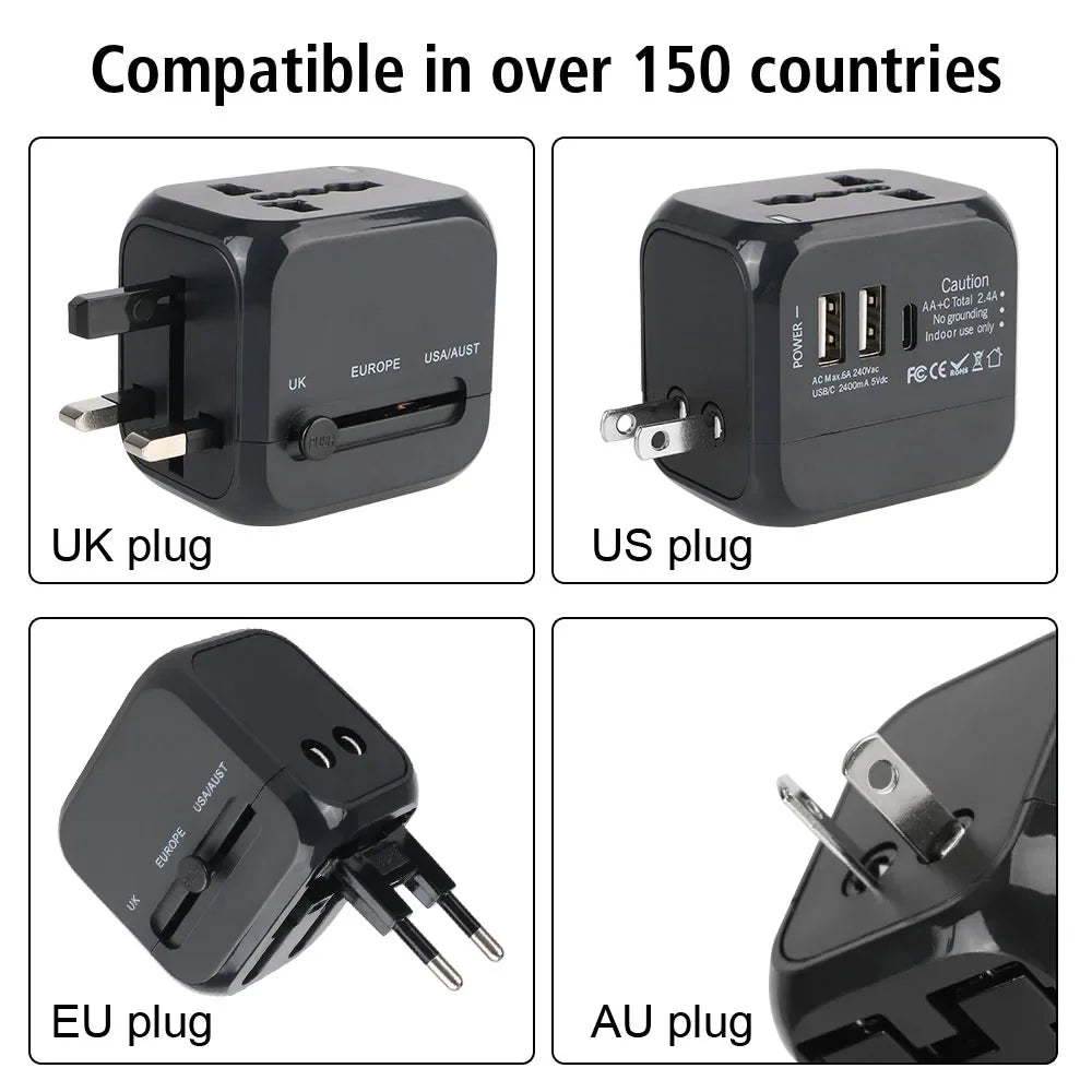 Adaptateur chargeur de prise de voyage universel US EU UK AU avec 2 USB et 1 Type C