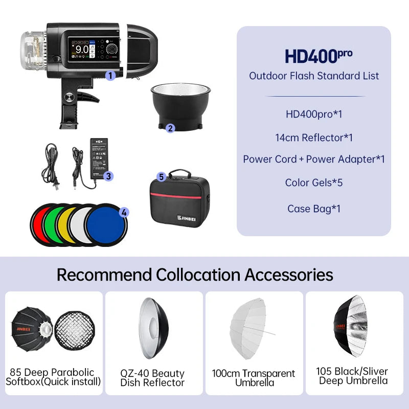 Flash stroboscopique JINBEI HD400pro 400W Flash extérieur TTL HSS 2.4G  sans fil tout-en-un batterie intégrée Monolight Studio