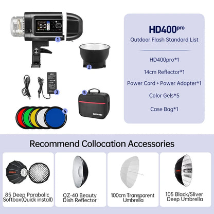 Flash stroboscopique JINBEI HD400pro 400W Flash extérieur TTL HSS 2.4G  sans fil tout-en-un batterie intégrée Monolight Studio