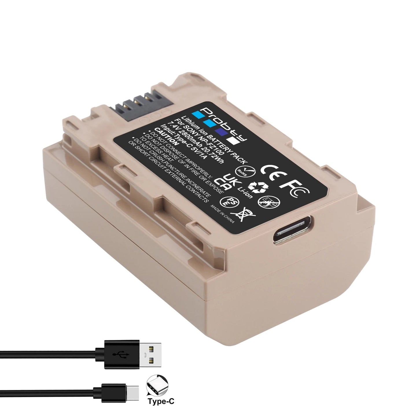 Batterie Probty NP-FZ100 NPFZ100 NP FZ100 avec entrée 5 V 1 A type-c pour Sony A7 III, Alpha A7R III, A7R IV, A9, A6600...