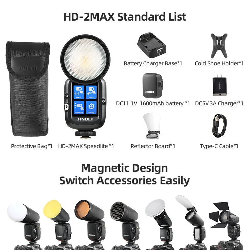 Flash JINBEI HD-2MAX Speedlite TTL HSS 1/8000s Tête Ronde Studio Flash Ω Tube pour Sony Nikon Canon Fujifilm Olympus