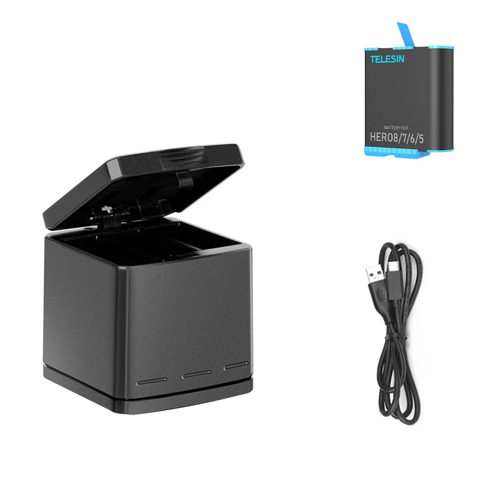Batterie TELESIN pour GoPro Hero 5, 6, 7, 8, 1220 mAh + Chargeur Rapide à 3 Voies