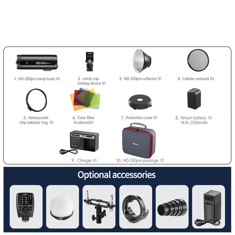 Flash stroboscopique JINBEI HD200pro avec batterie pour l'extérieur 200W TTL 2.4G HSS pour Canon Sony Nikon