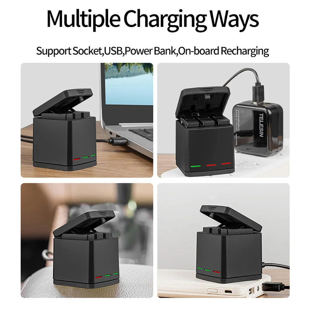 Batterie TELESIN pour GoPro Hero 5, 6, 7, 8, 1220 mAh + Chargeur Rapide à 3 Voies