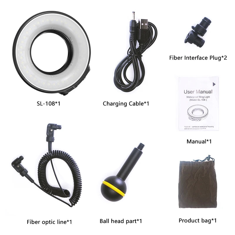 Lampe de poche sous-marine SL-108 Seafrogs avec anneau lumineux fileté de 67mm 1200LM avec lampe Macro de Charge USB pour Sony Olympus TG5/TG4/TG6...