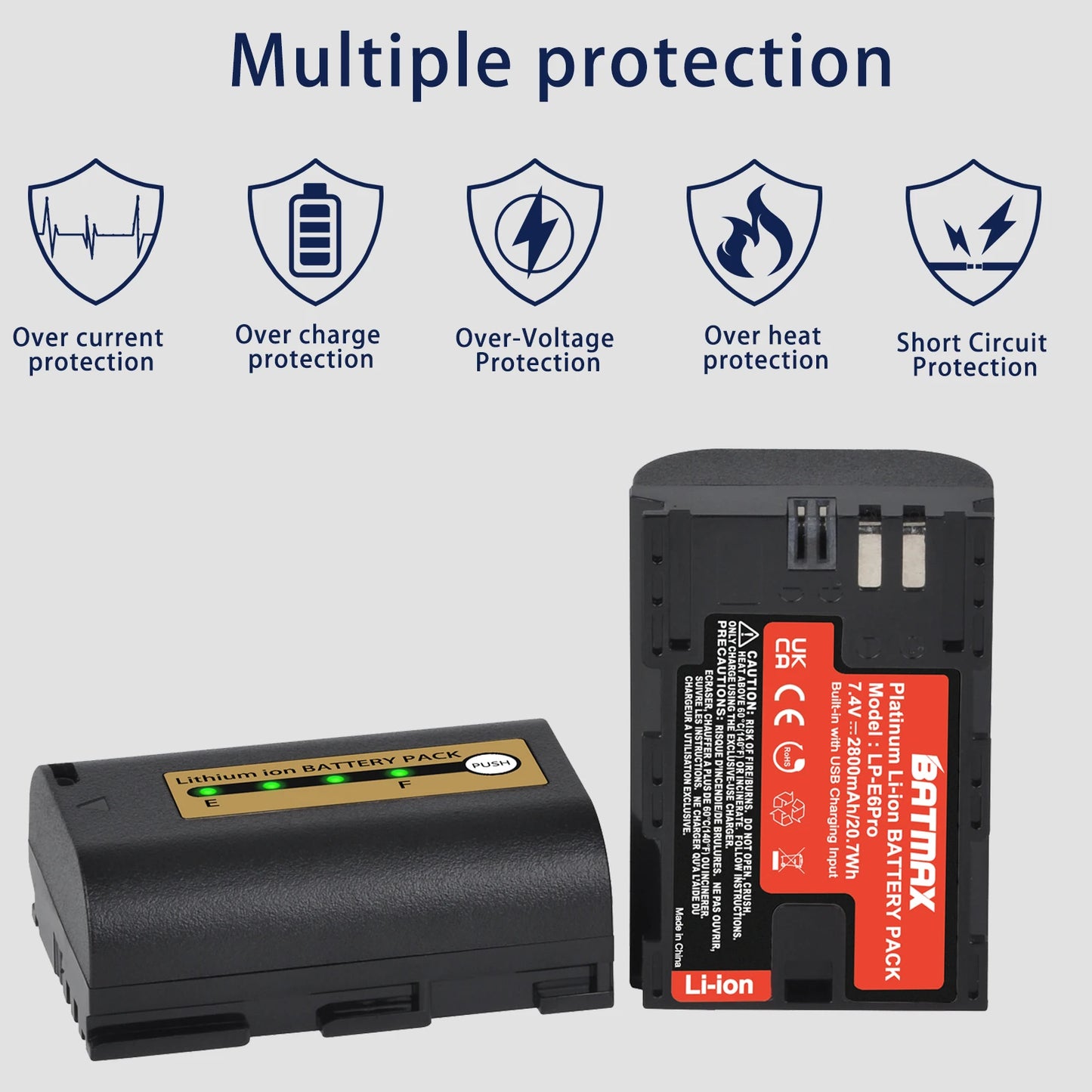 Batterie Batmax lpe6n rechargable avec usb type-c 2800mAh pour Canon 5D Mark II III 7D 60D EOS 6D 70D 80D EOS 5DS R