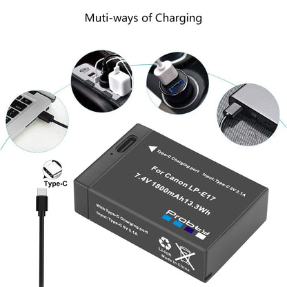 Batterie Probty LP-E17 avec charge rapide de Type C pour Canon M6 II M5 M3 77D T6i 750D T6s 760D T7i 800D T8i 850D...