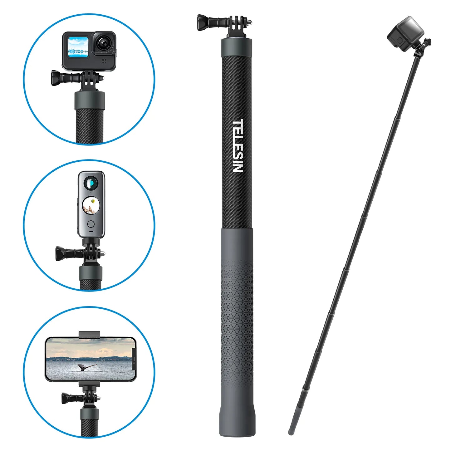 Perche à selfie TELESIN en fibre de carbone, monopode extensible avec vis 1.2, GoPro, Insta360, Osmo Action DJI, caméra d'action, 1/4 m, 3m