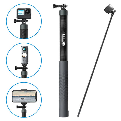 Perche à selfie TELESIN en fibre de carbone, monopode extensible avec vis 1.2, GoPro, Insta360, Osmo Action DJI, caméra d'action, 1/4 m, 3m